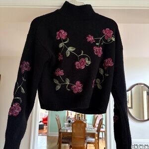 ALYA Cropped Pink Rose Motif Black Sweater--Small